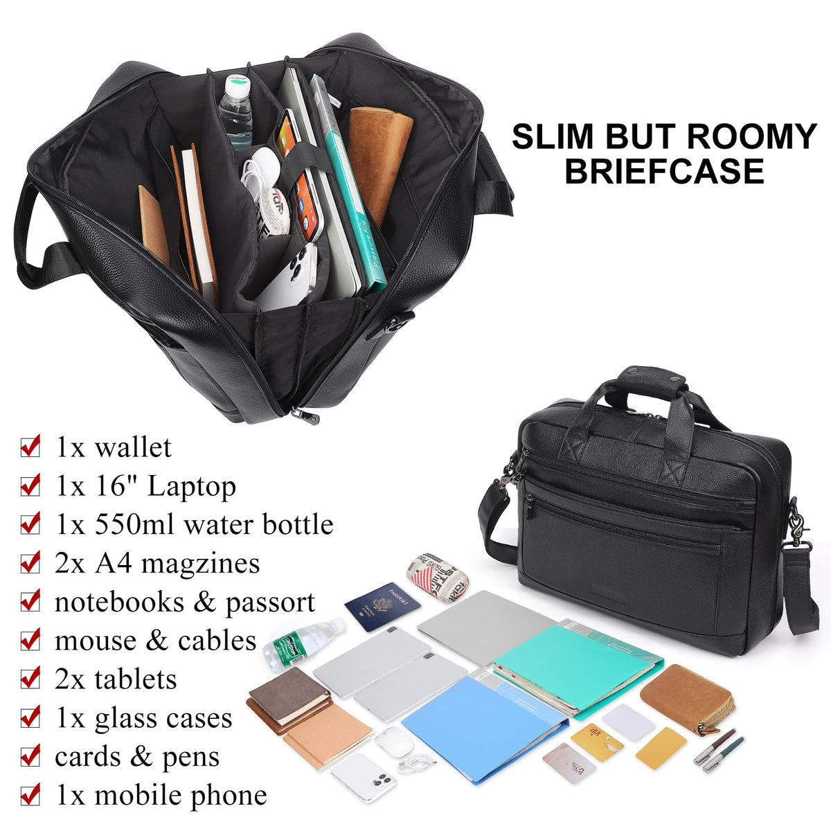Black Leather 16 Inch Laptop Briefcase Bag R451208