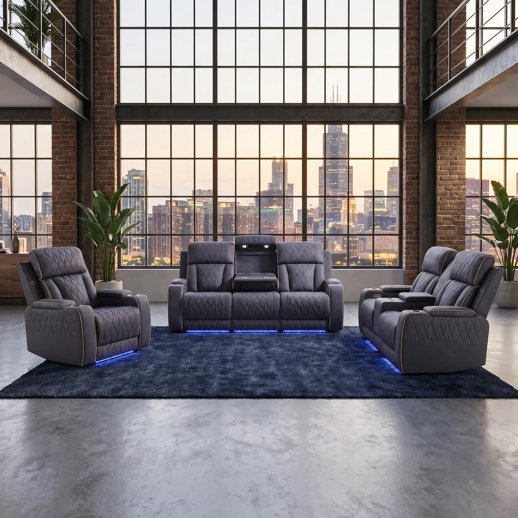 3 Piece Leather Power Recliner Sofa Set with LED Lights P99441