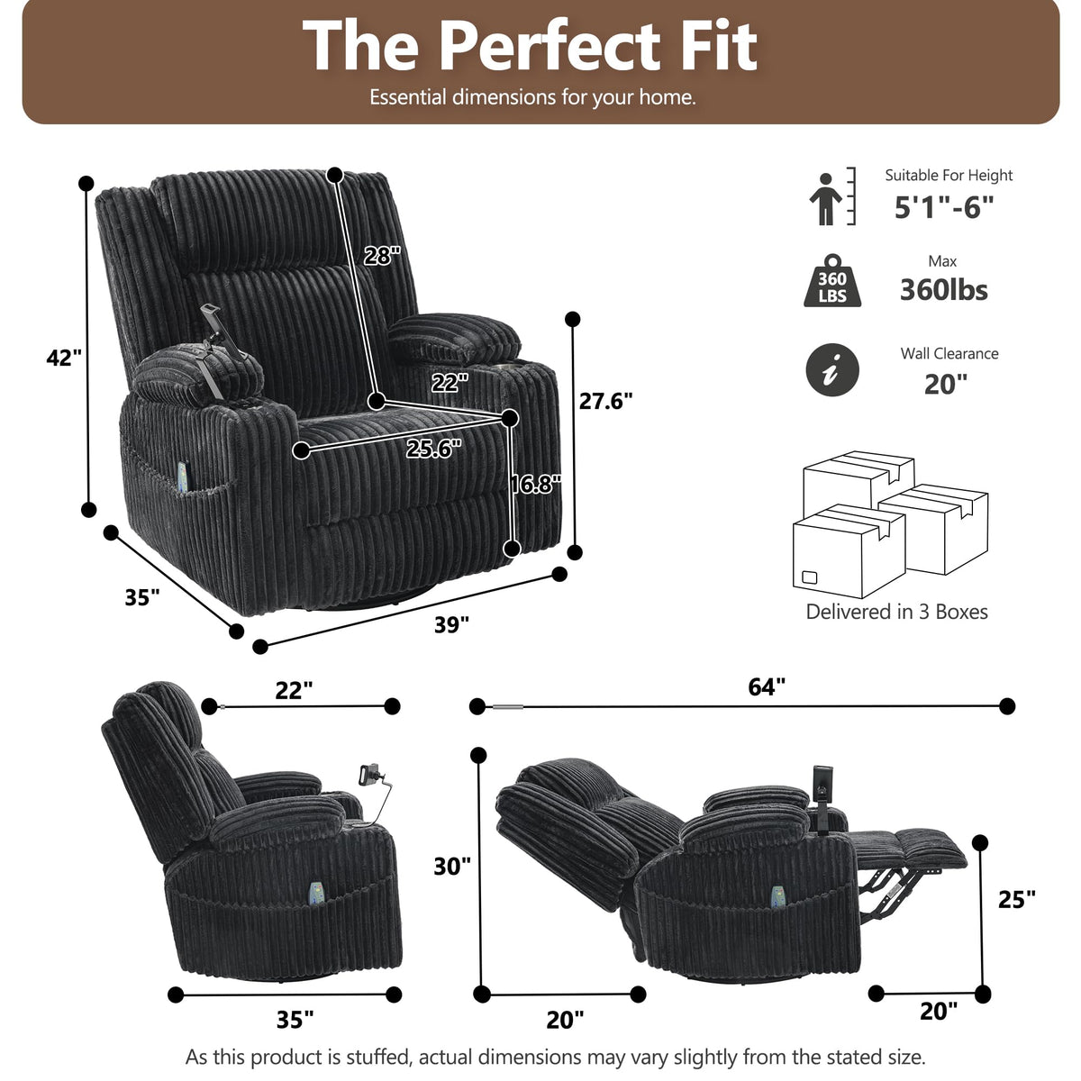 Oversized Power Swivel Rocker Recliner Chair with Vibration Massage & Heat, Dark Gray Corduroy P849523