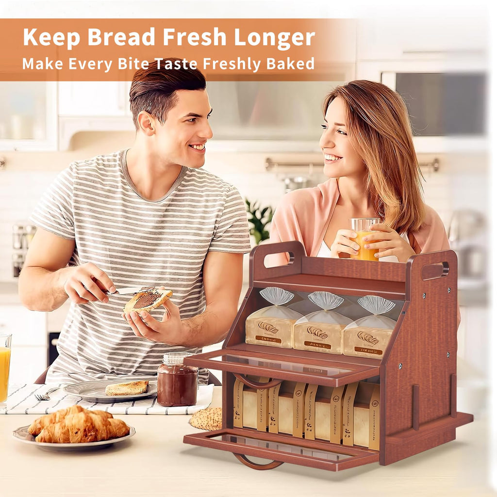 Large Double Layer Bamboo Bread Box with Clear Window G3101