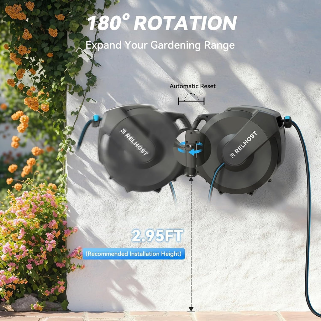 Retractable Garden Hose Reel, 5/8 in x 100 ft Wall Mount Heavy Duty with 10-Pattern Nozzle, Dark Grey T247878