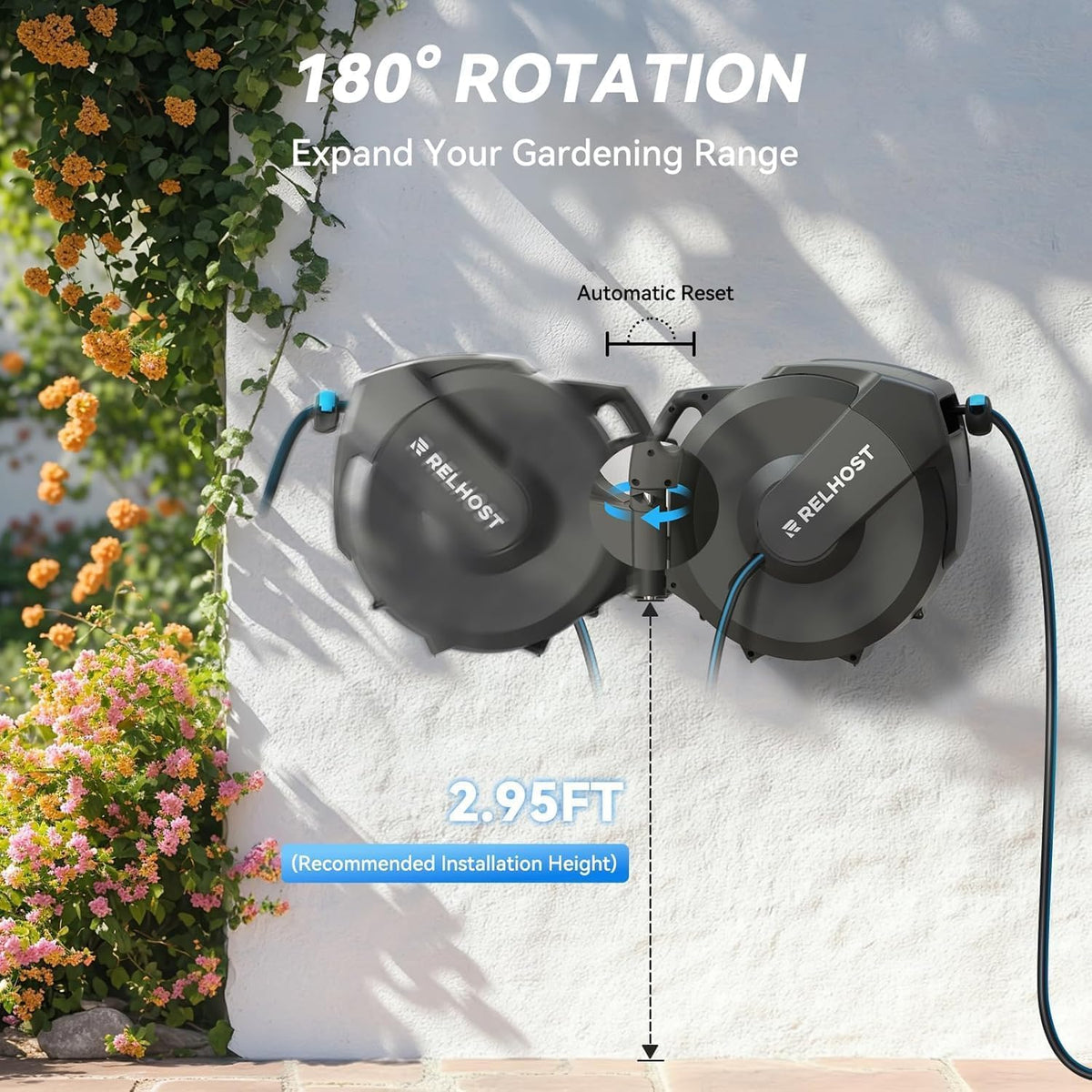 Retractable Garden Hose Reel, 5/8 in x 100 ft Wall Mount Heavy Duty with 10-Pattern Nozzle, Dark Grey T247878