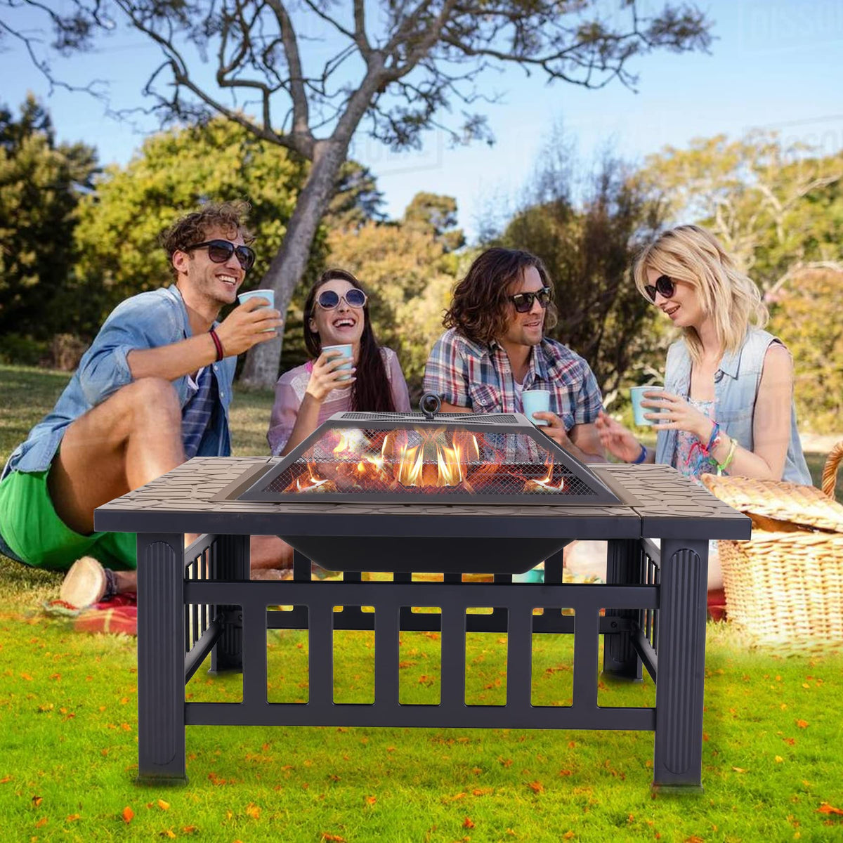 32 Inch Metal Square Outdoor Wood Burning Fire Pit Table S884422