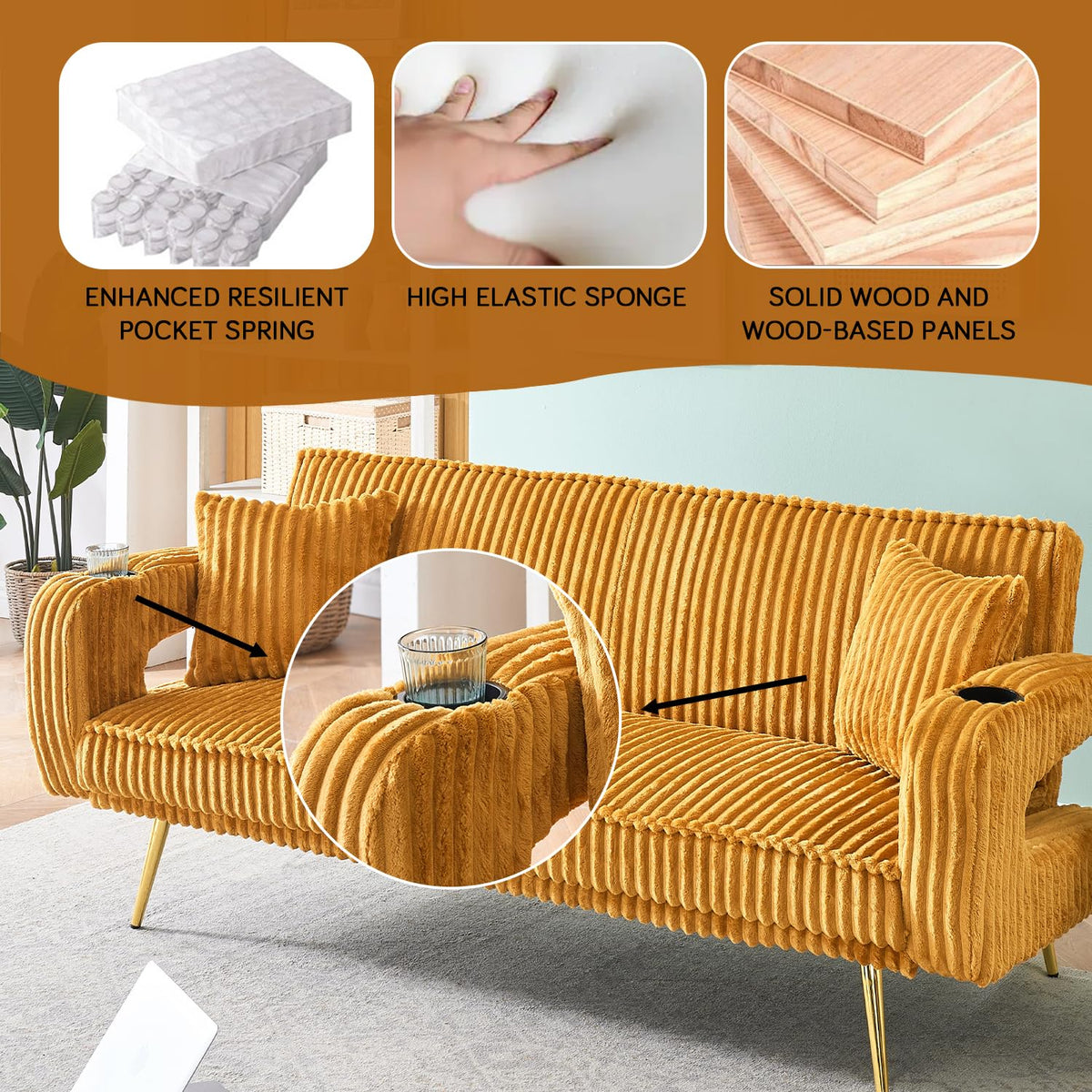 Orange Velvet Convertible Sofa Bed W1423