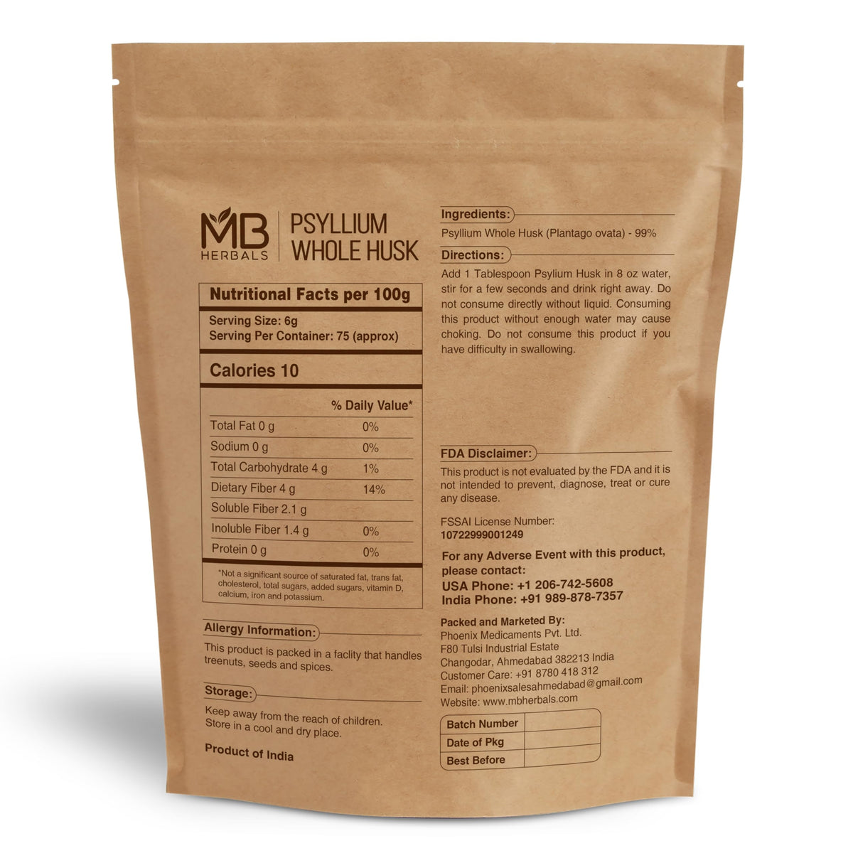 Psyllium Husk Whole 1 lb Gluten-Free Vegan Non-GMO C749