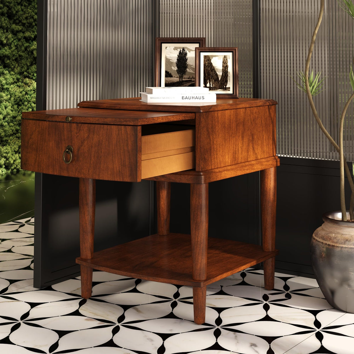 Large Cherry Wood 2-Tier Side Table with Drawer and Shelf N298020