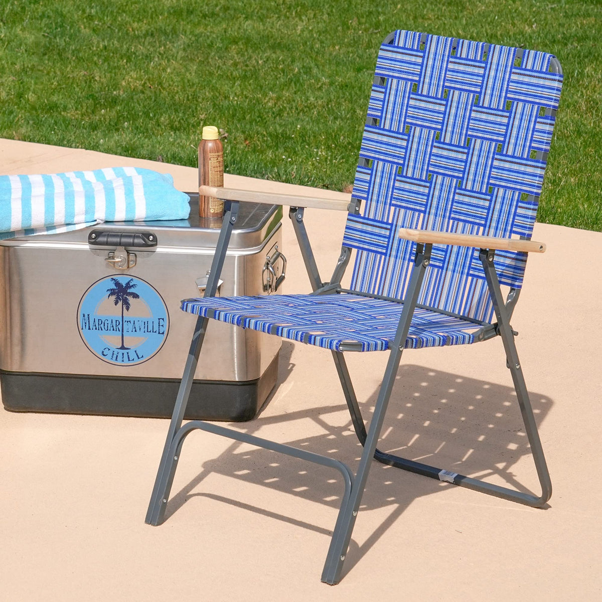 Folding Patio & Lawn Chairs Steel Frame Blue Woven Fabric Wooden Armrests Pack of 2 L8113