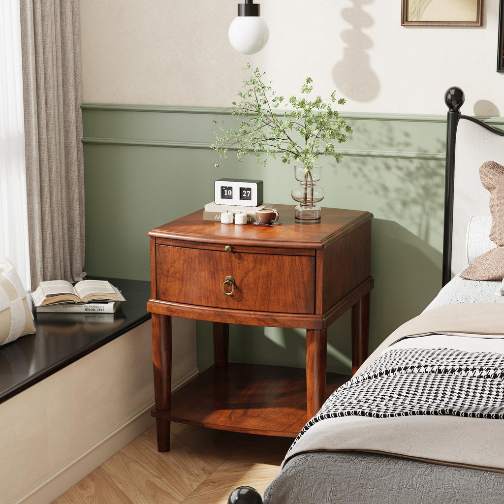 Large Cherry Wood 2-Tier Side Table with Drawer and Shelf N298020