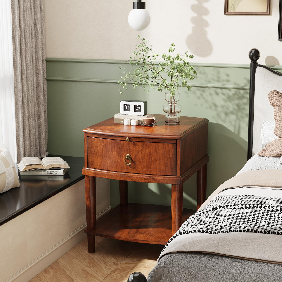 Large Cherry Wood 2-Tier Side Table with Drawer and Shelf N298020
