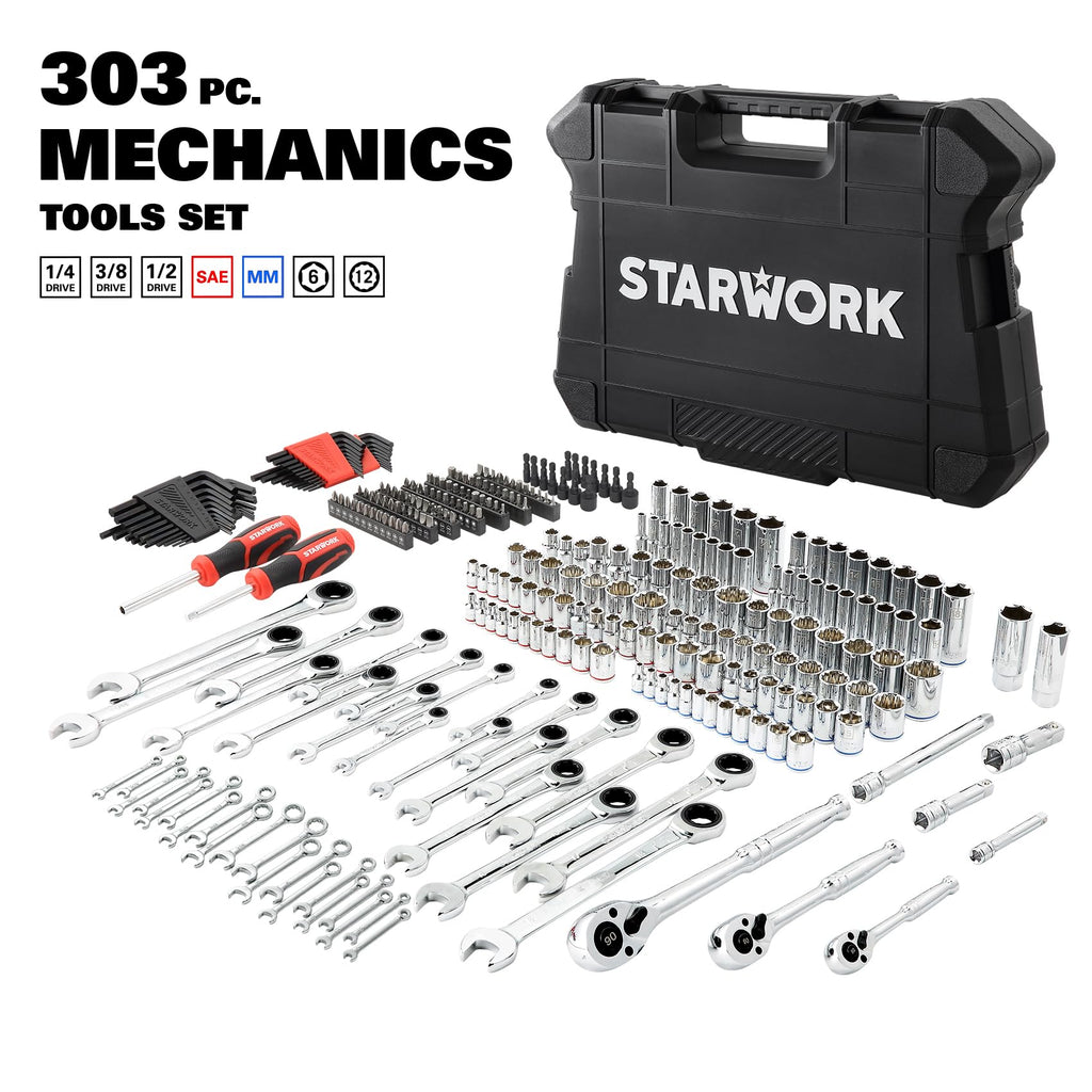 303-Piece Mechanics Tool Set and Socket Set, 1/4", 3/8", 1/2" Drive, SAE/Metric V206
