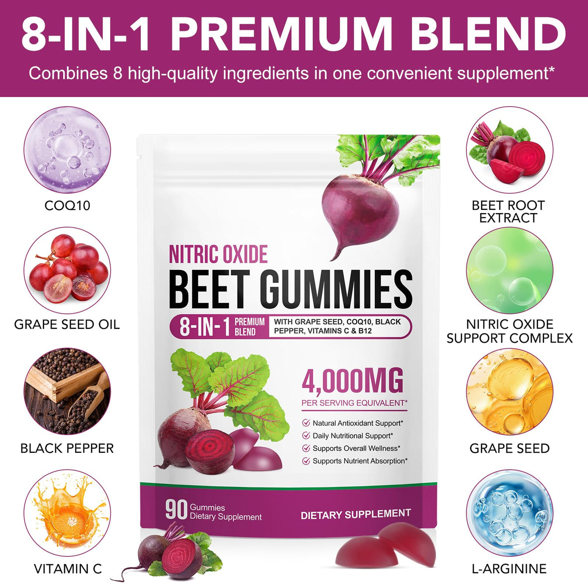 Sugar Free Beet Root Gummies with CoQ10, Grapeseed Extract, Vitamin B12, C U548