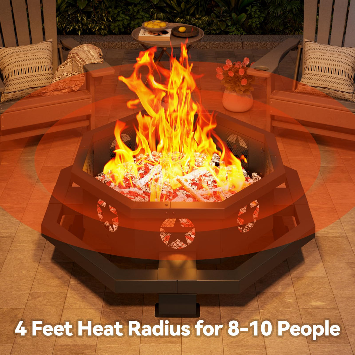 45 Inch Black Wood Burning Octagonal Fire Pit with Poker Q317