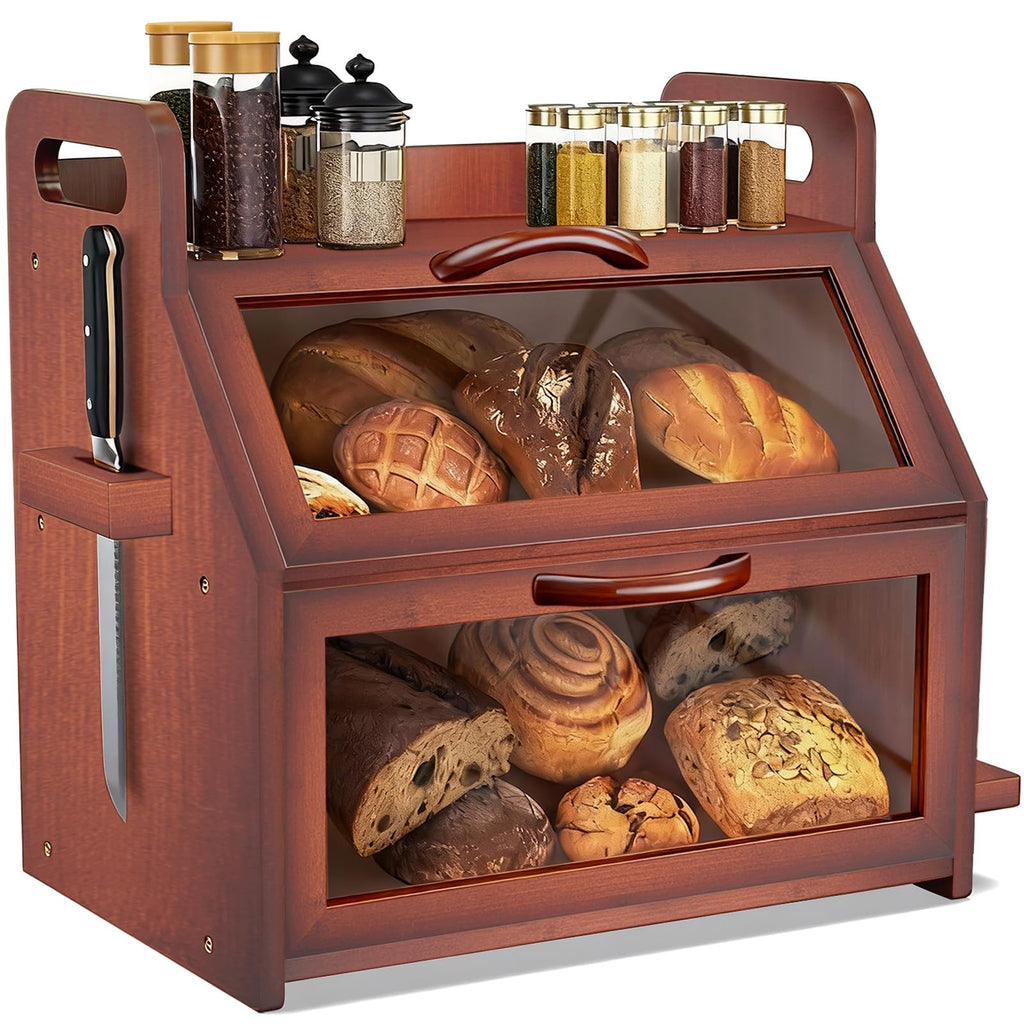 Large Double Layer Bamboo Bread Box with Clear Window G3101