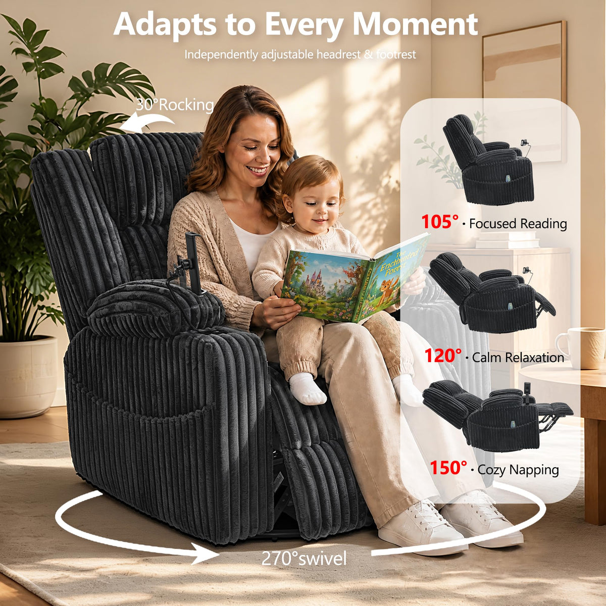 Oversized Power Swivel Rocker Recliner Chair with Vibration Massage & Heat, Dark Gray Corduroy P849523