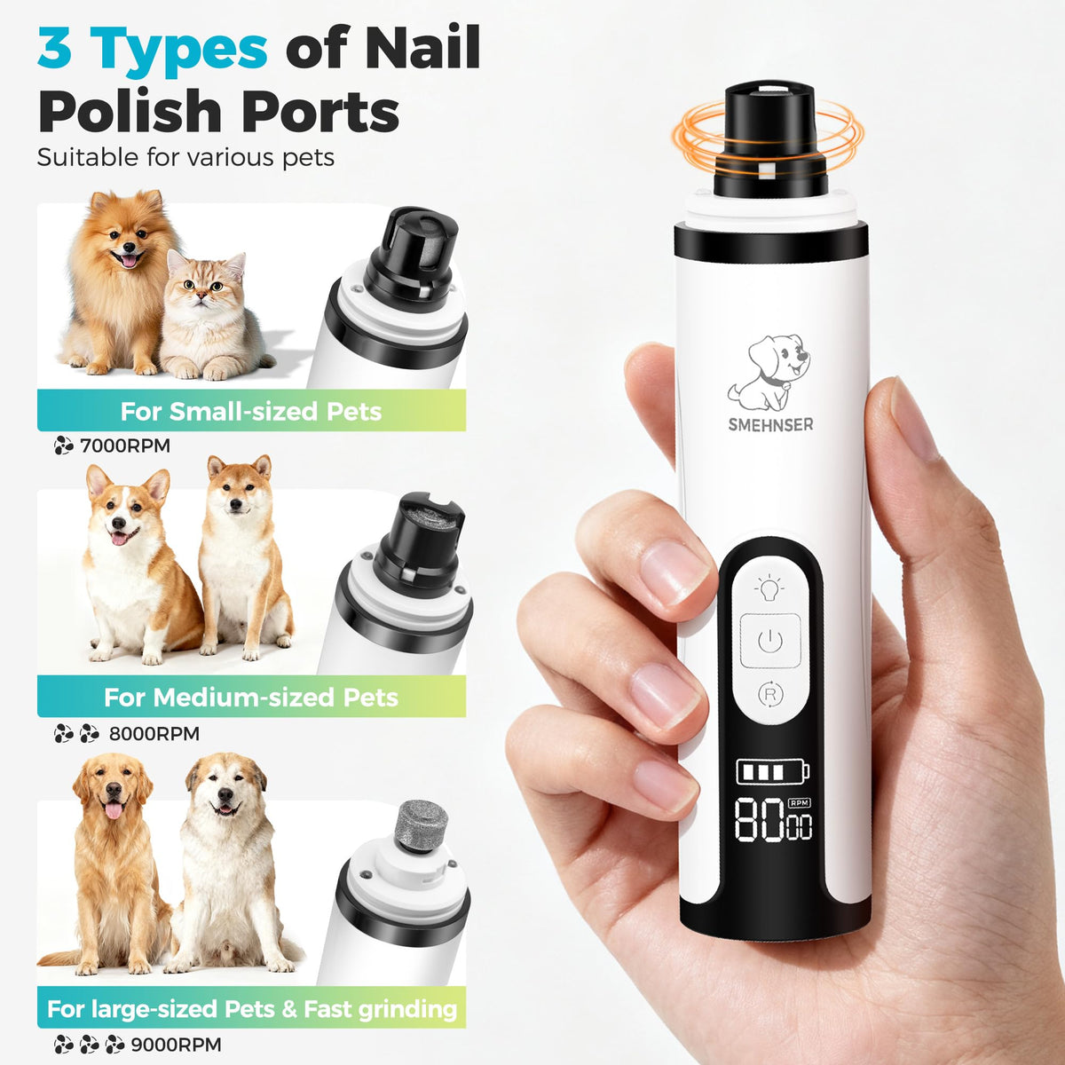 Silent Cordless Dog Nail Grinder with 3 Adjustable Speeds F7537