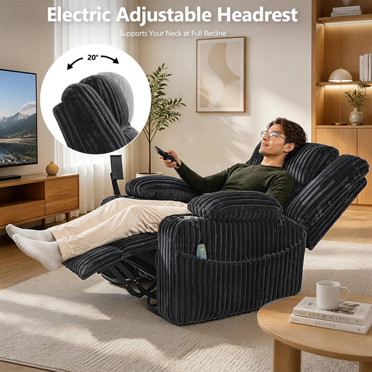 Oversized Power Swivel Rocker Recliner Chair with Vibration Massage & Heat, Dark Gray Corduroy P849523