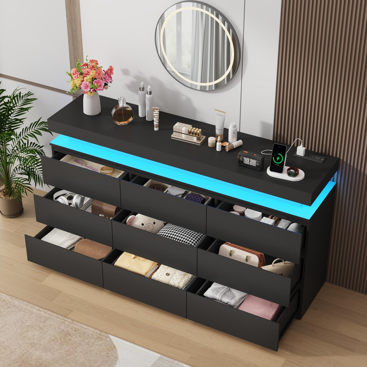 Black 9 Drawer Dresser with Power Outlet D8439