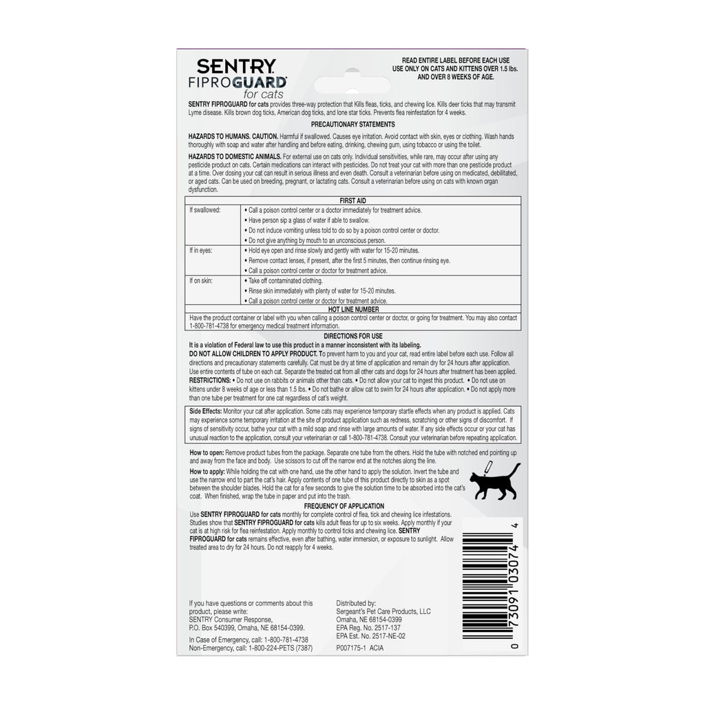 Flea & Tick Cats 1.5 lbs+ Fipronil 6-Month Z6105