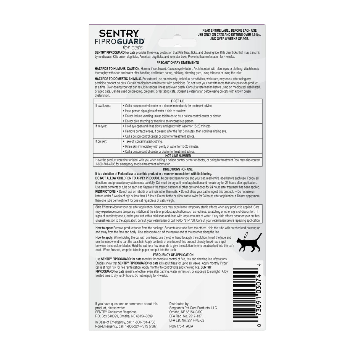 Flea & Tick Cats 1.5 lbs+ Fipronil 6-Month Z6105