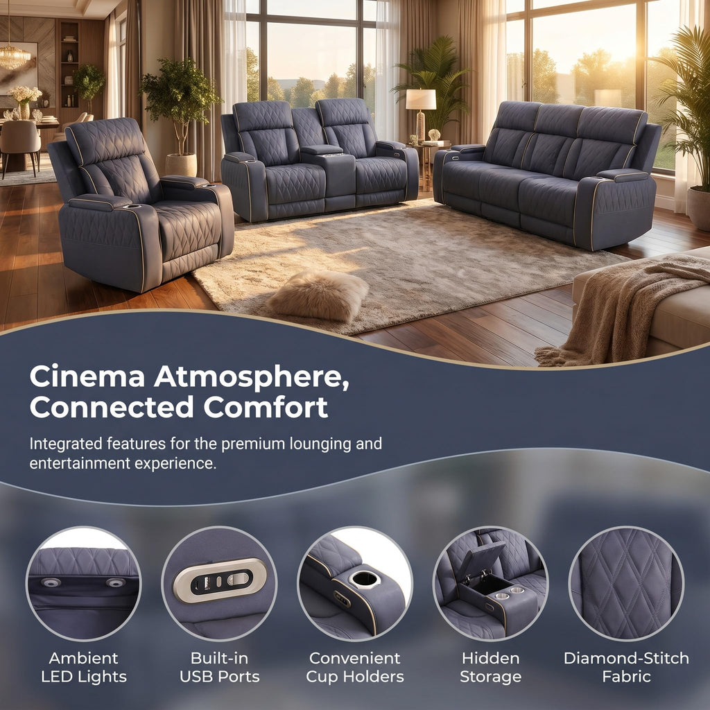 3 Piece Leather Power Recliner Sofa Set with LED Lights P99441