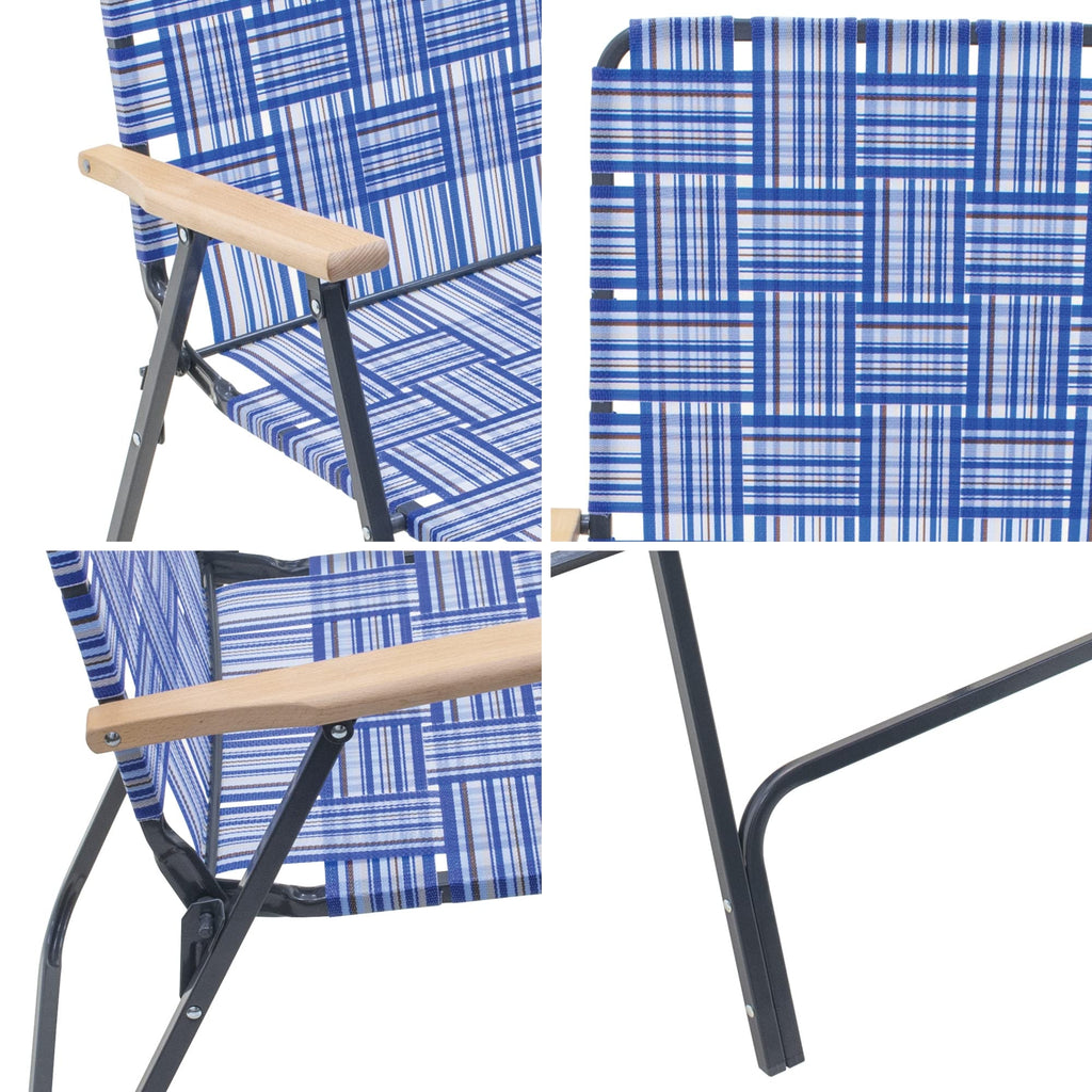 Folding Patio & Lawn Chairs Steel Frame Blue Woven Fabric Wooden Armrests Pack of 2 L8113