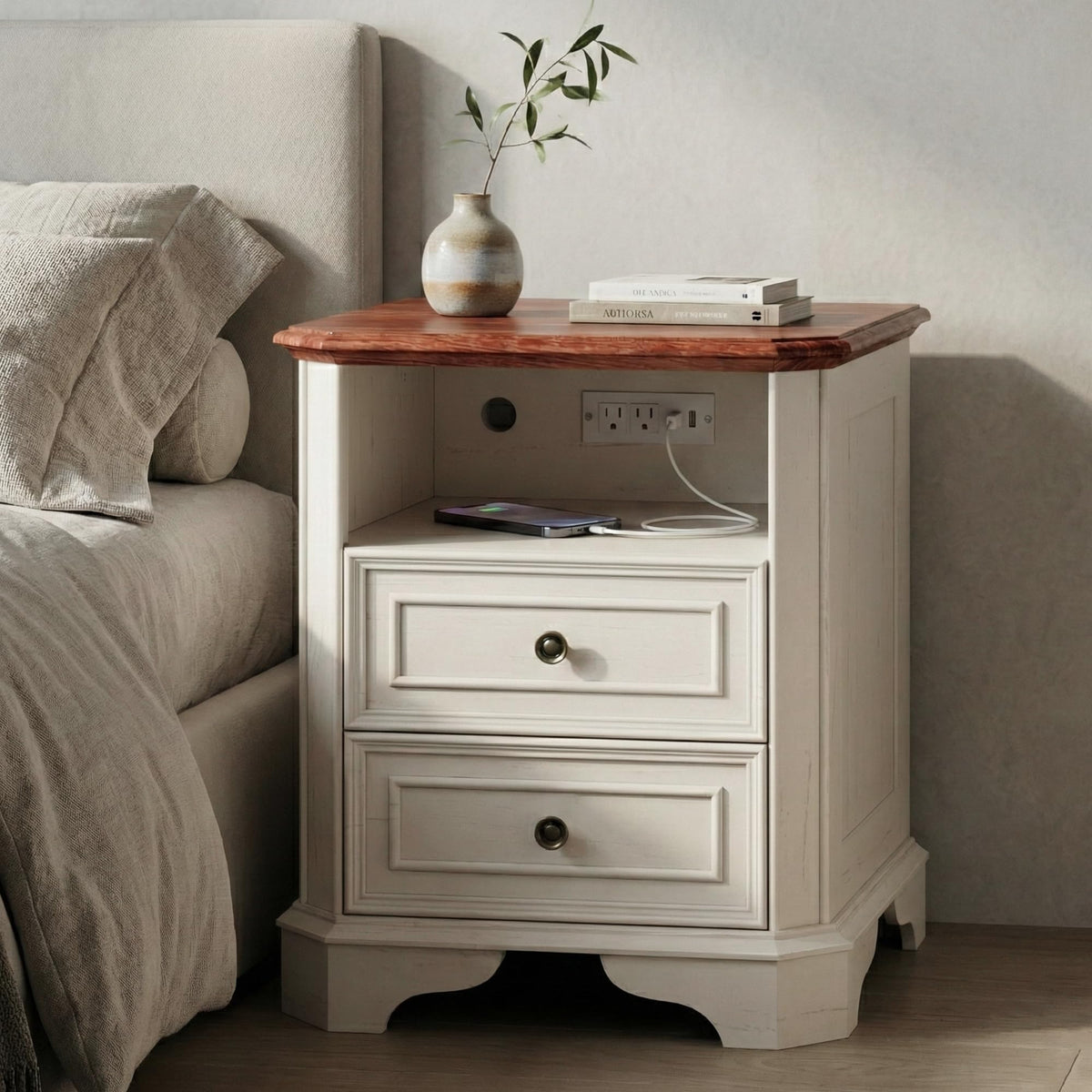 White Set of 2 Nightstand with Charging Station, 2 Drawers and Open Shelf F290