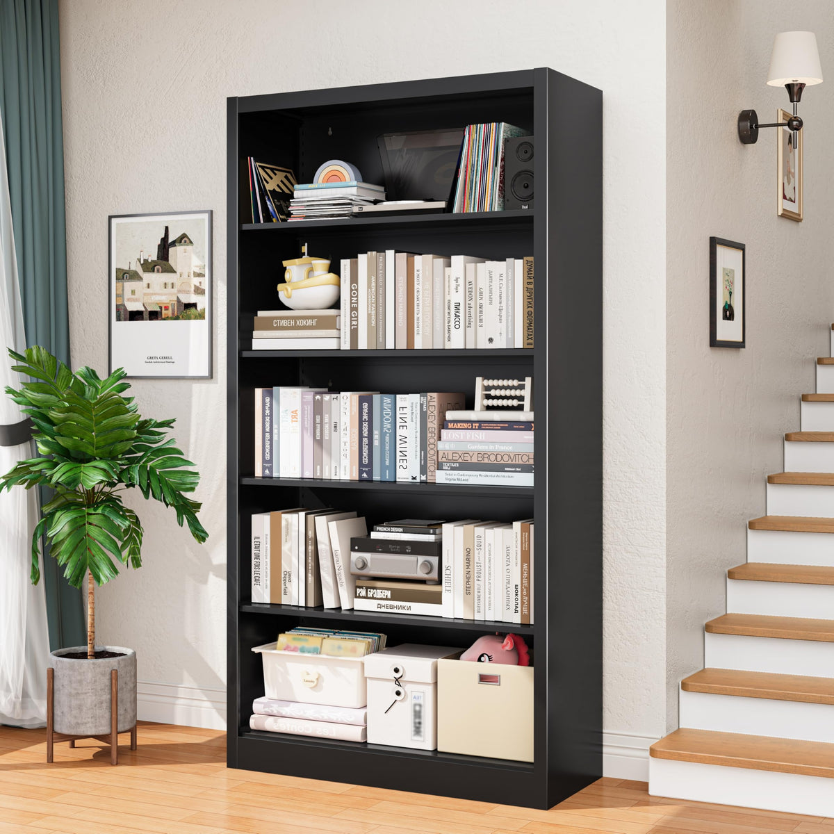 Black 5-Tier Adjustable Metal Bookshelf F635776