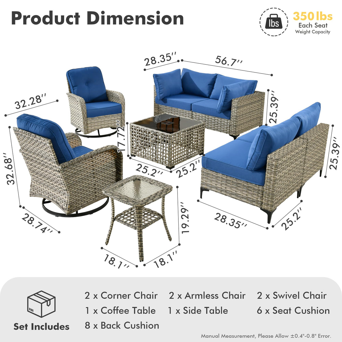 Navy Blue 8 Pieces Wicker Patio Furniture Set J91039