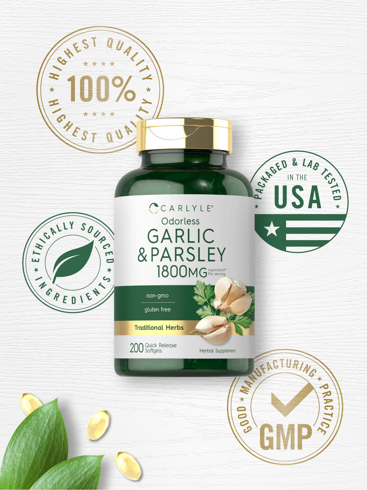 Odorless Garlic & Parsley Supplement 200 Softgels H911