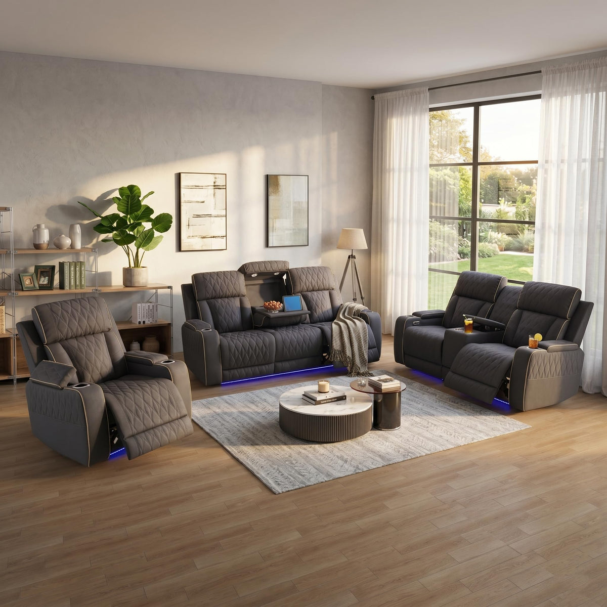 3 Piece Leather Power Recliner Sofa Set with LED Lights P99441