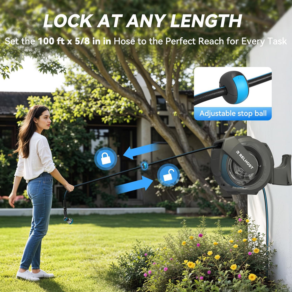 Retractable Garden Hose Reel, 5/8 in x 100 ft Wall Mount Heavy Duty with 10-Pattern Nozzle, Dark Grey T247878
