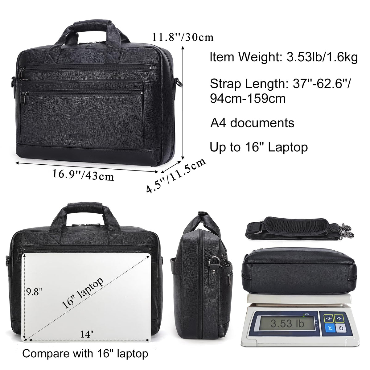 Black Leather 16 Inch Laptop Briefcase Bag R451208