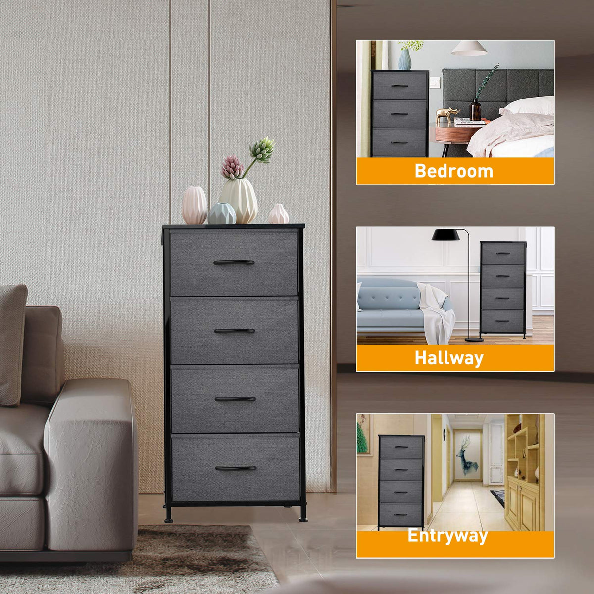 Black Grey 4 Drawer Fabric Storage Dresser C36192