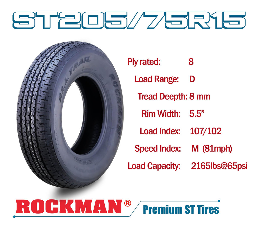 Trailer Tire Wheel ST205/75R15 8-Ply Silver Rim D694230