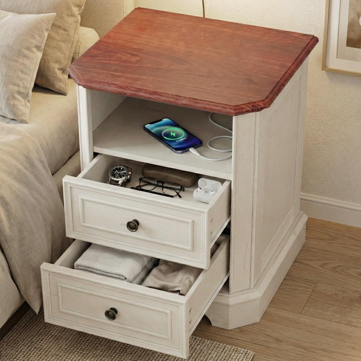 White Set of 2 Nightstand with Charging Station, 2 Drawers and Open Shelf F290