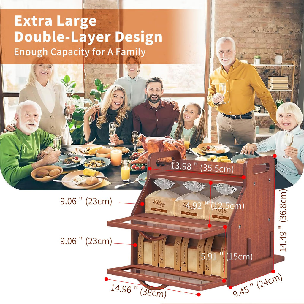 Large Double Layer Bamboo Bread Box with Clear Window G3101