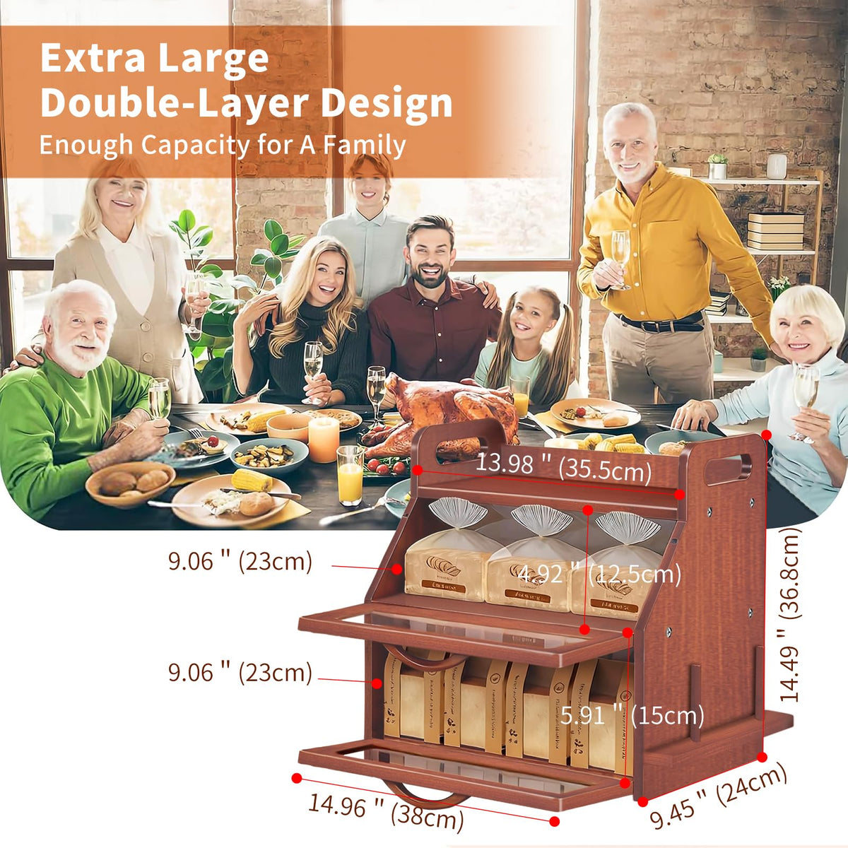 Large Double Layer Bamboo Bread Box with Clear Window G3101
