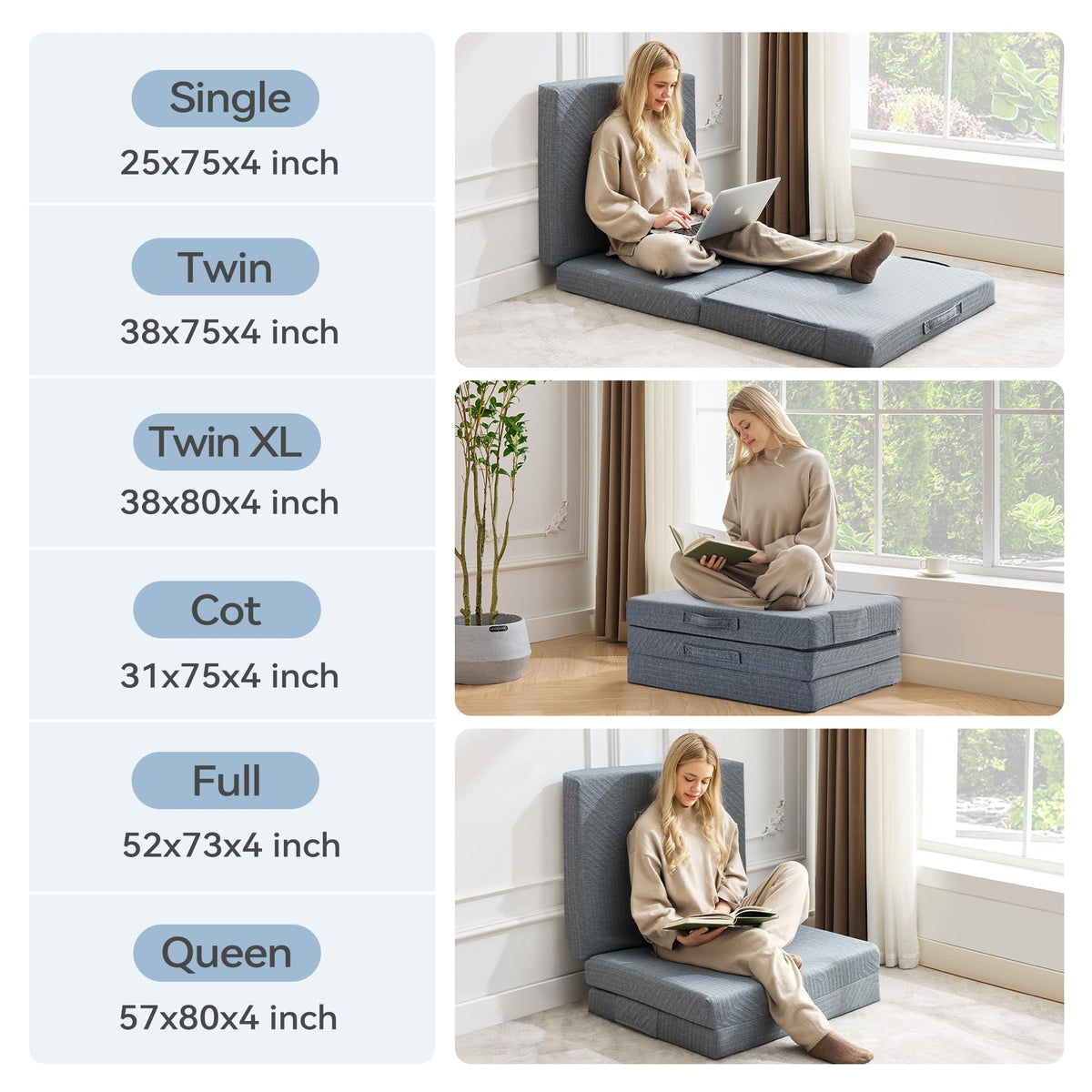 3.95" Memory Foam Topper Queen Size Foldable Floor Mat J936897