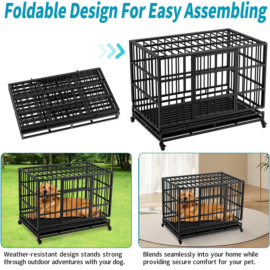 48" Metal Dog Crate with Tray & Wheels I317316