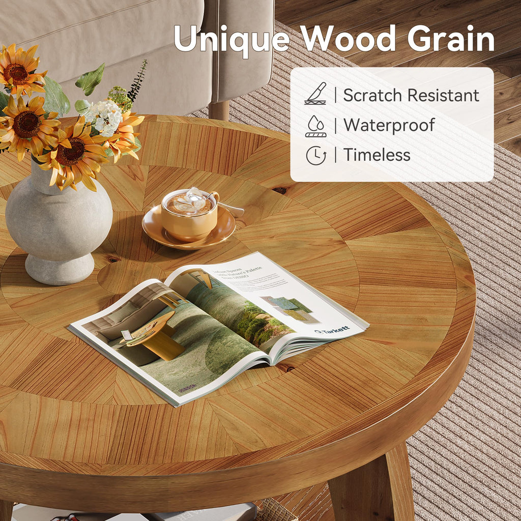Solid Wood Round 2-Tier Coffee Table with Storage Q530