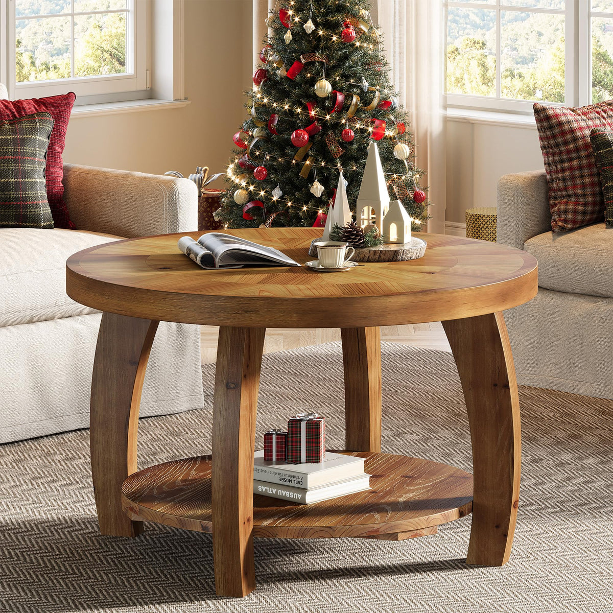Solid Wood Round 2-Tier Coffee Table with Storage Q530