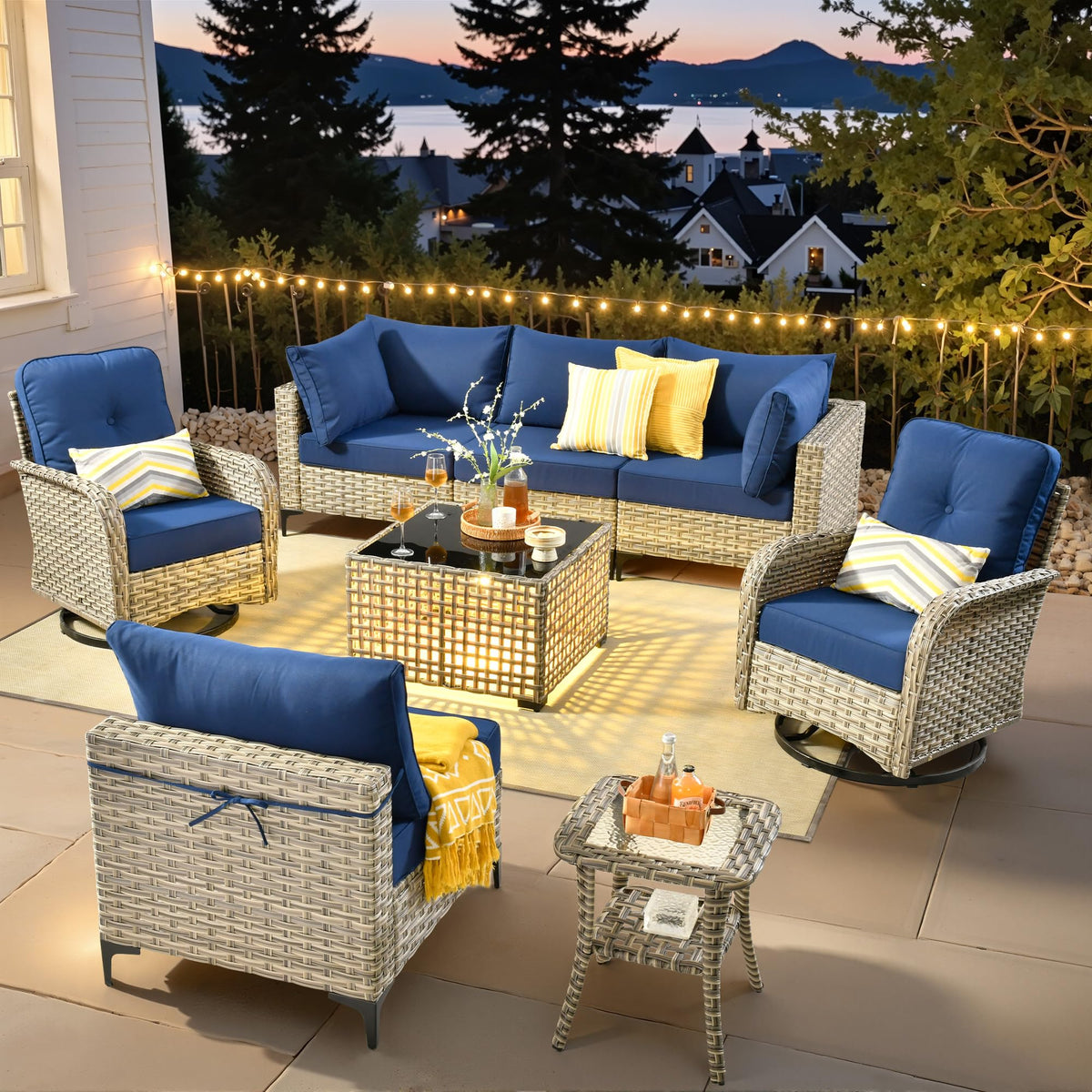 Navy Blue 8 Pieces Wicker Patio Furniture Set J91039