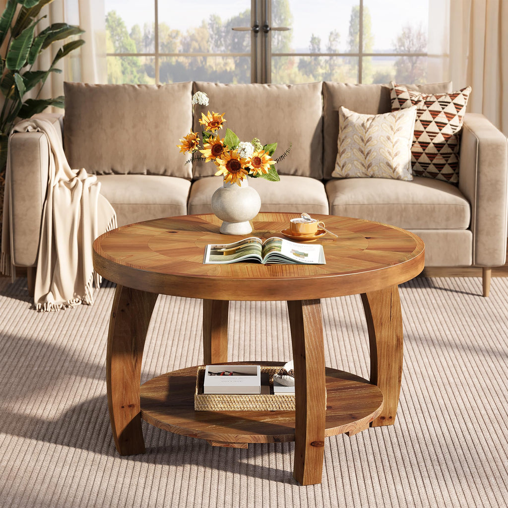 Solid Wood Round 2-Tier Coffee Table with Storage Q530