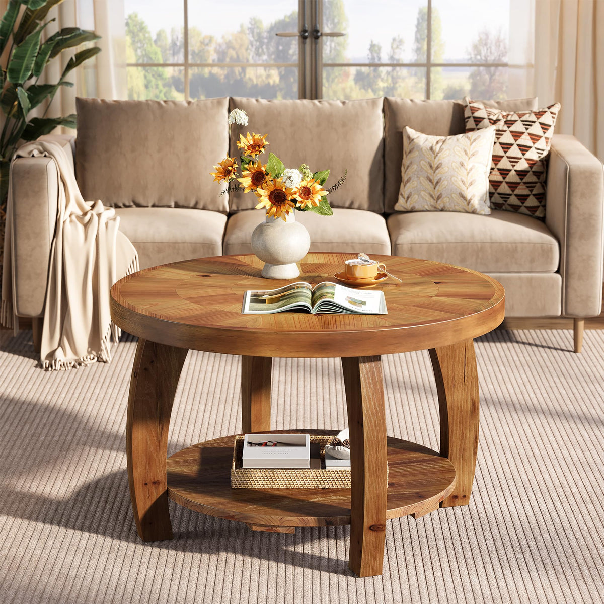 Solid Wood Round 2-Tier Coffee Table with Storage Q530
