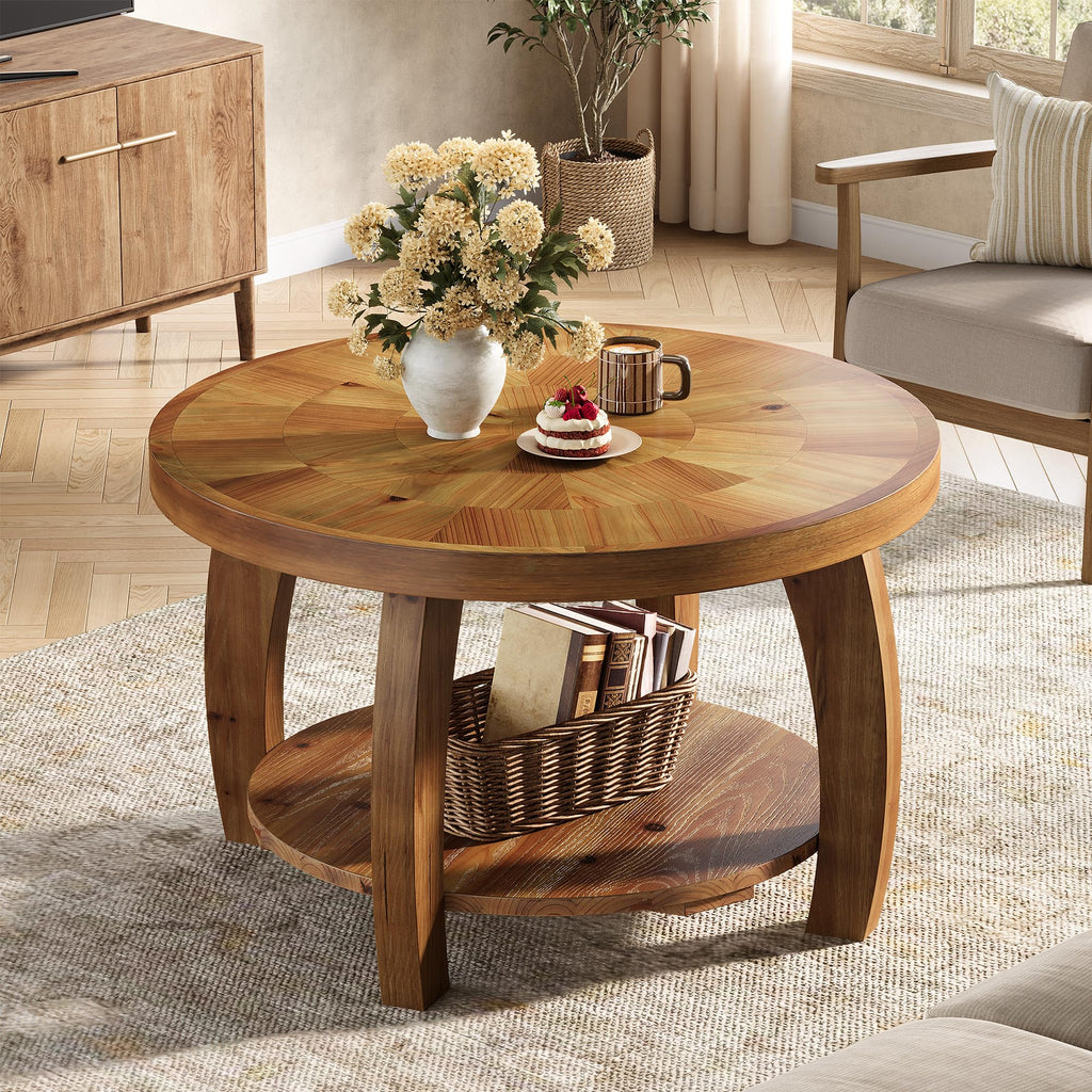 Solid Wood Round 2-Tier Coffee Table with Storage Q530