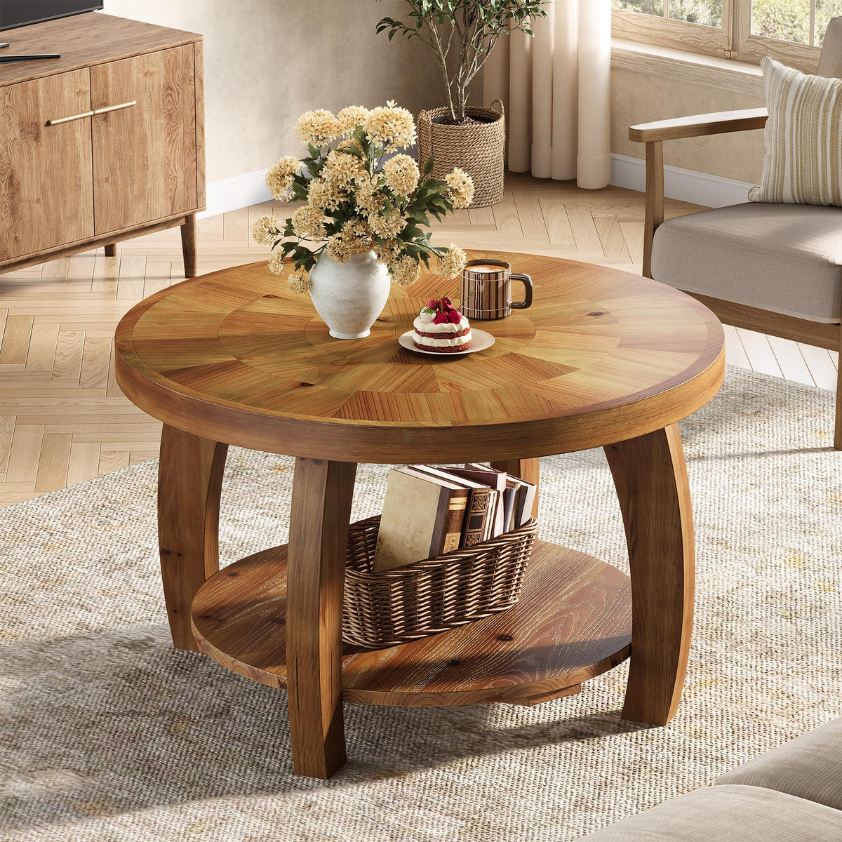 Solid Wood Round 2-Tier Coffee Table with Storage Q530