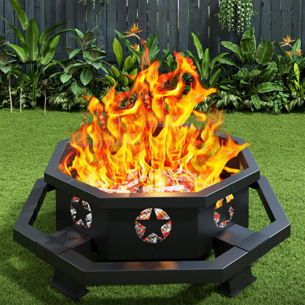 45 Inch Black Wood Burning Octagonal Fire Pit with Poker Q317