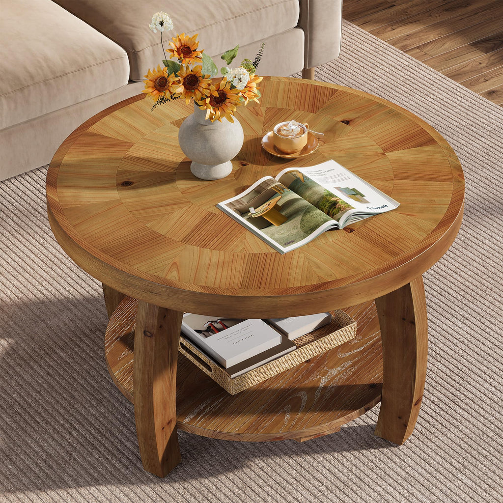 Solid Wood Round 2-Tier Coffee Table with Storage Q530